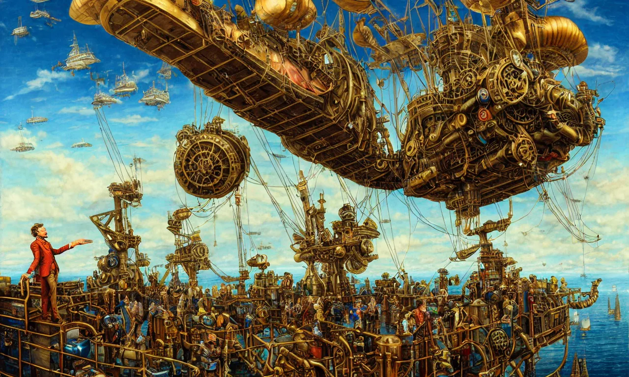 Image similar to close up of a gentleman navigator standing on deck of his steampunk airship flying over a vast ocean of a very large language model, observing giant flying robot harvesters collecting data relations in the background, painted by josh kirby, ligne claire, very detailed and colorful, low light