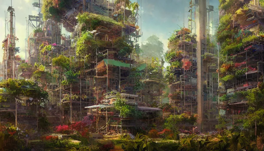 Prompt: craig mullins and ghibli digital illustration tall vertical farms, hydroponics, colorful, unreal engine, hyper realism, realistic shading, cinematic composition, realistic render, octane render, detailed textures, photorealistic, wide shot