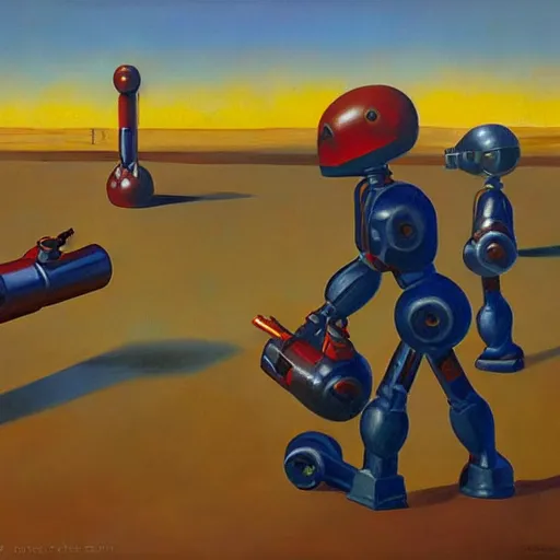 Image similar to battle robots in launch tubes, grant wood, pj crook, edward hopper, oil on canvas