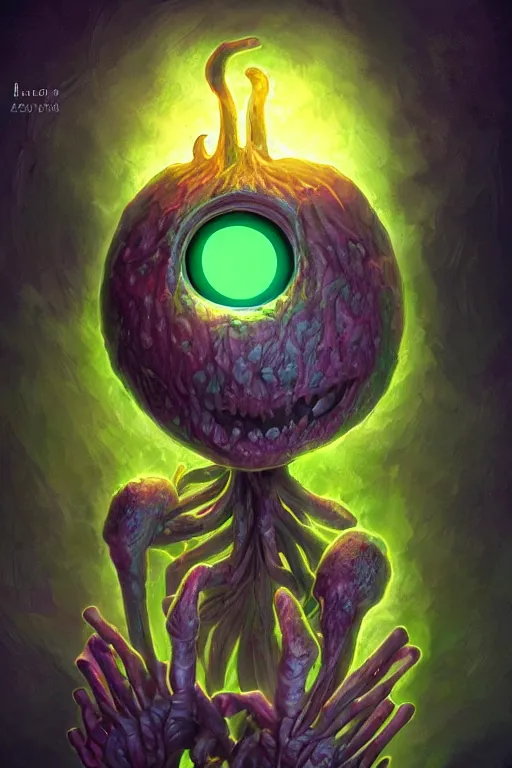 Image similar to a glowing humanoid figure onion monster with large glowing eyes, ambient lighting, highly detailed, digital art, sharp focus, trending on art station, plant, anime art style