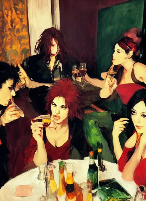 Image similar to glam rocker drinking brutal and raw wine with their friends, inside a green room with red lights, renaissance painting, joaquin sorolla, makoto shinkai, phil hale, extremely detailed