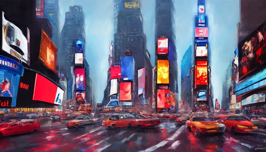 Image similar to times square cinematic shot, oil painting by jama jurabaev, extremely detailed, brush hard, artstation, for aaa game, high quality, brush stroke