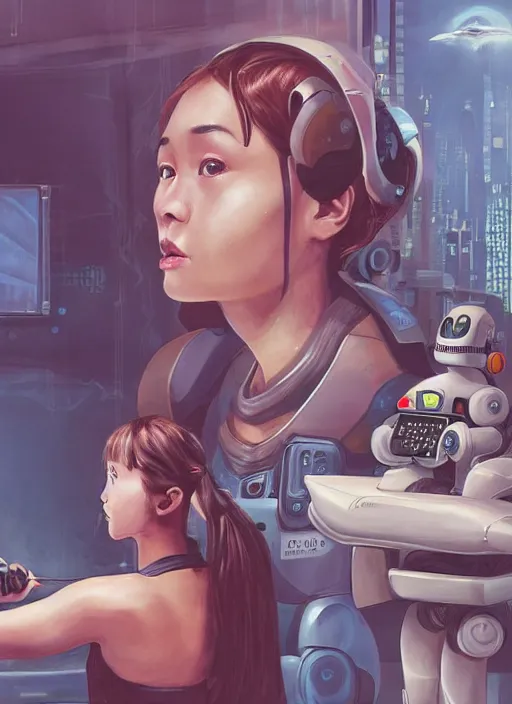 Prompt: An epic fantastic realism comic book style painting of a beautiful girl sitting on a rock looking at a robot drawing her portrait, robotics, short pigtails hair, asian girl, cyberpunk, Concept world Art, ultrarealistic, hyperrealistic, dynamic lighting by Paolo Eleuteri Serpieri