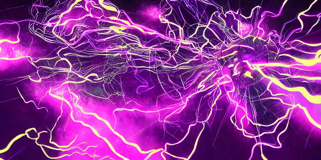 Prompt: purple lightning strikes while rapper performs on stage, psychedelic light show, digital art, vapor wave, hip hop, surreal, trending on Artstation, professional artist, detailed, 4k