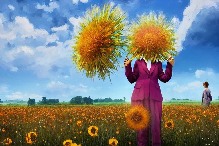 Prompt: giant thistle flower face, girl in suit in field of flowers, surreal photography, sunrise, blue sky, dramatic light, impressionist painting, digital painting, artstation, simon stalenhag
