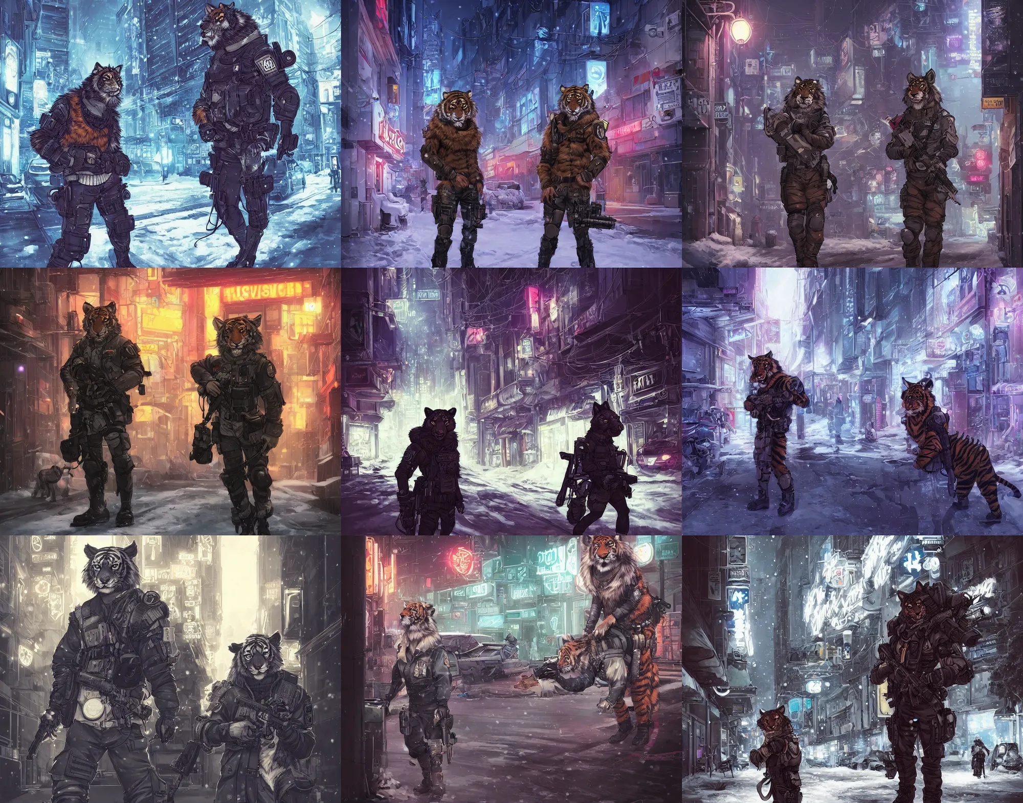 Prompt: beautiful furry art portrait commission of a male furry anthro tiger and wolf fursona wearing a tactical swat uniform in the streets of a cyberpunk city at night in the snow. neon signs. character design by charlie bowater, ross tran, artgerm, and makoto shinkai, detailed, inked, western comic book art