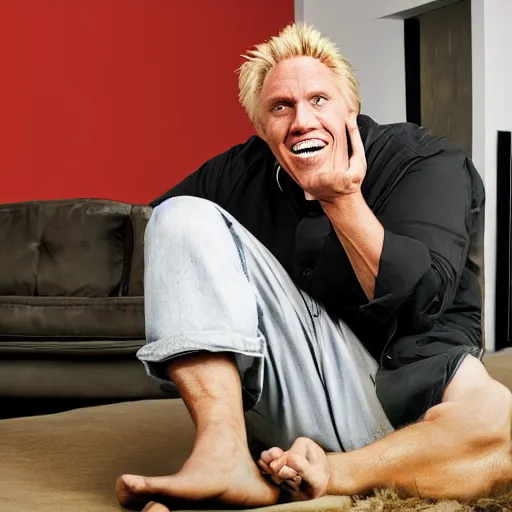 Image similar to studio portrait of gary busey with a giant foot emerging from his mouth