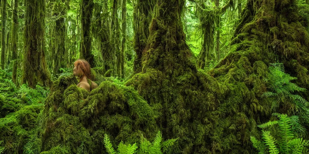 Image similar to a beautiful high fantasy god of the forest, its body made of trees and ferns and moss, dappled lighting, pentax photograph