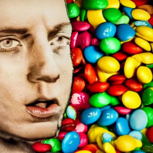 Prompt: eminem's face in a bowl of m & ms, high detail