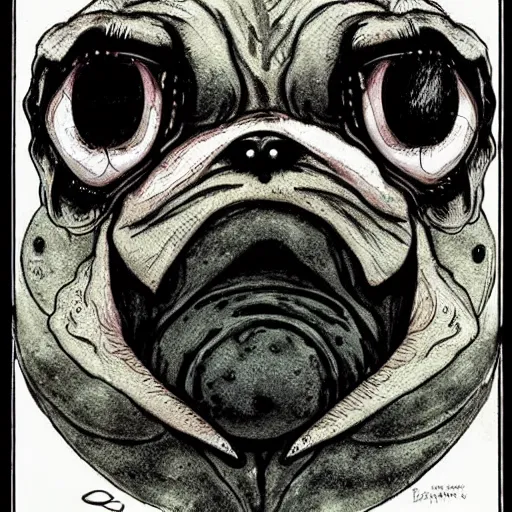 Prompt: a lovecraftian pug monster | illustration, very detailed, pen, ink and watercolors, drawn by brian bolland