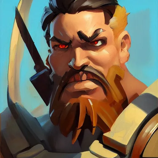 Image similar to greg manchess portrait painting of man - at - arms as overwatch character, medium shot, asymmetrical, profile picture, organic painting, sunny day, matte painting, bold shapes, hard edges, street art, trending on artstation, by huang guangjian and gil elvgren and sachin teng