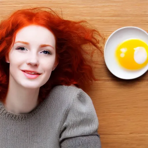 Image similar to young red headed woman sitting in a restaurant, poached egg on her head