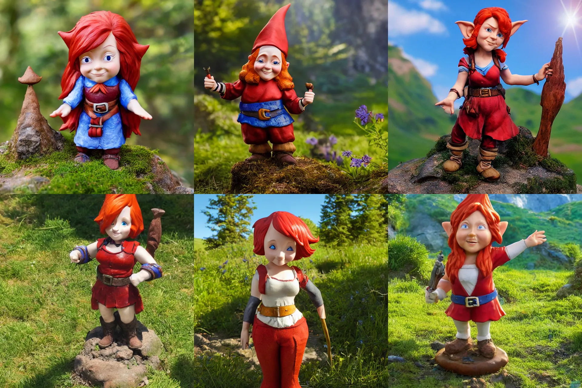 Prompt: short female red - headed fantasy gnome posing with arms out in sunlit valley, surrounded by motes of blue light
