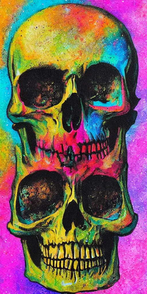 Image similar to intricate skull with dots of paint melting in to a colorful painting made of gouache impasto