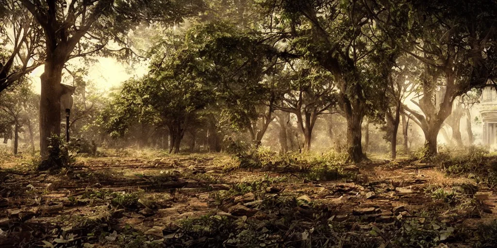 Image similar to abandoned city reclaimed by nature, cinematic shots, smooth light ing, happy, calm