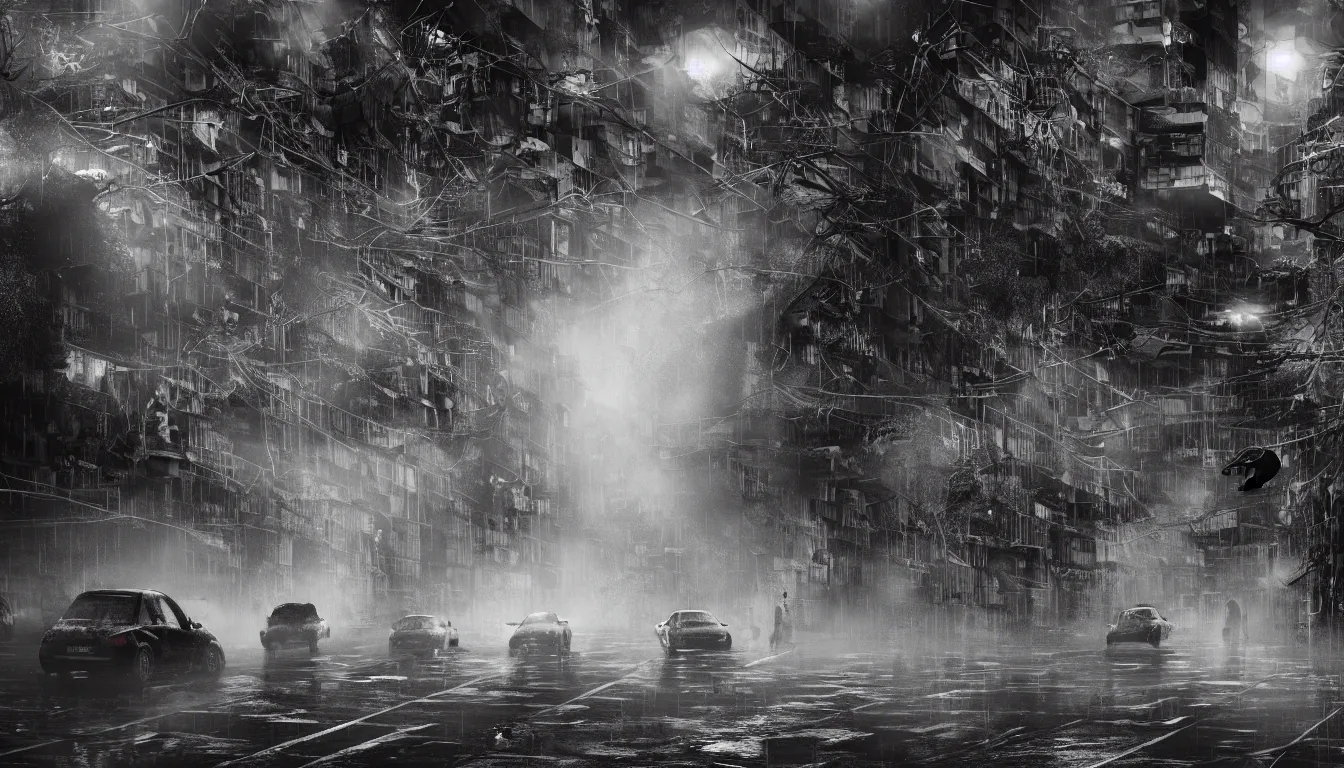 Prompt: cramped ramshackle city in the tropical rain ,at dusk, hundreds of robot cyborgs roam , puddles on a wet tarmac road reflecting ,television feedback loop , burst of powders ,detailed entangled fibres ,volumetric lighting, twisting vapour, bellowing dust ,flowing shimmering fabrics , biometric scanning forest , full of mist , overgrown detailed roots , entangled intricate cable fibres, humans hide in the underwater, full colour , upscale , 4k