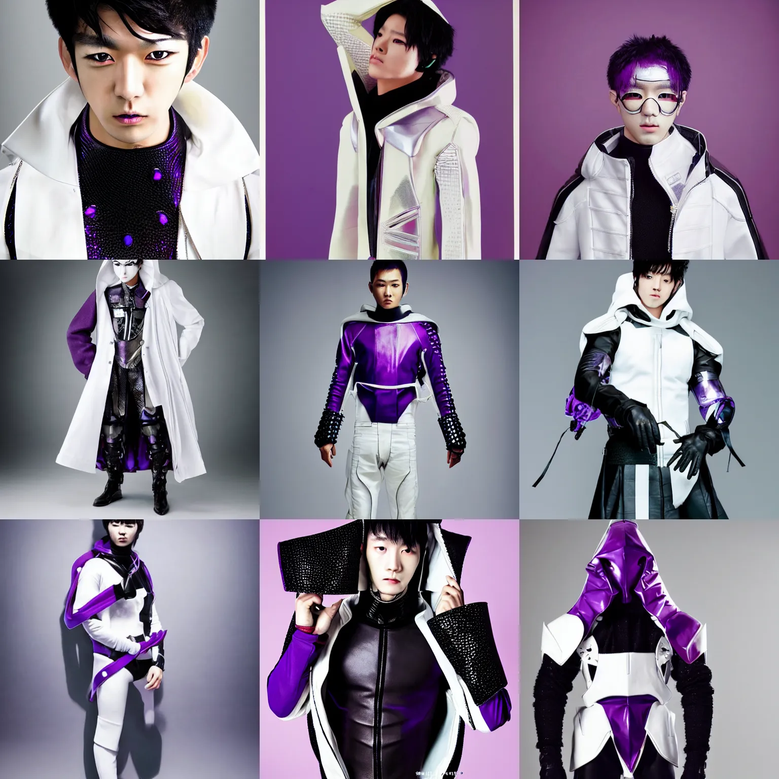 Prompt: male ulzzang with white sci - fi leather garment and hood, black cybernetic enhancements, purple crystal glass inlays, full shot, fashion photography, by irving penn and storm thorgerson, ren heng