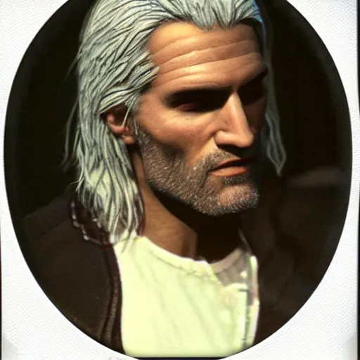 Image similar to polaroid of geralt of rivia face shot by Tarkovsky