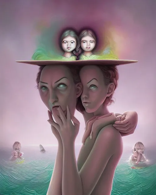 Image similar to Whimsically weird eerie portrait of twins by Mark Ryden and Cyril Rolando, pop surrealism, pastelwave, Hyperdetailed, stylized, cel shading, CGsociety, Artstation