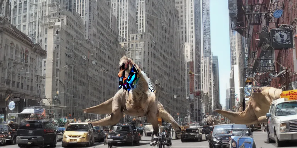 Image similar to Jesus riding a dinosaur in downtown Manhattan