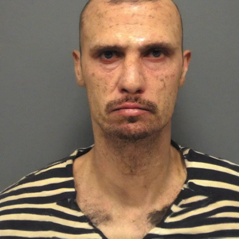 Prompt: bottle headed man wearing striped prison clothing, jail mugshot