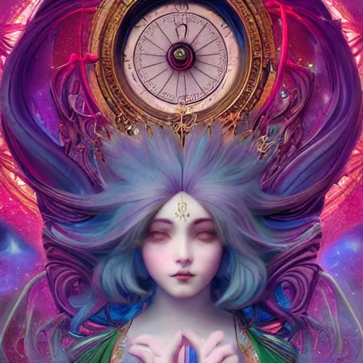 Image similar to clow card style astrologer's prayer, mythology, hidetaka miyazaki, unreal engine 5, art nouveau, vivid colors, intense colors, deep shadows, intricate, symmetry, high detail, elegance, sunlit, clear focus, art of tom bagshaw and quentin mabile, art workstation