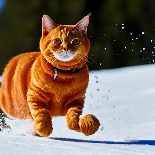 Prompt: a fully orange tabby cat skiing