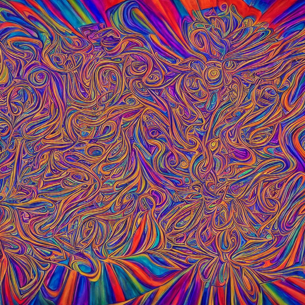 Prompt: A mysterious, psychedelic room. Award-winning artwork by Alex Grey