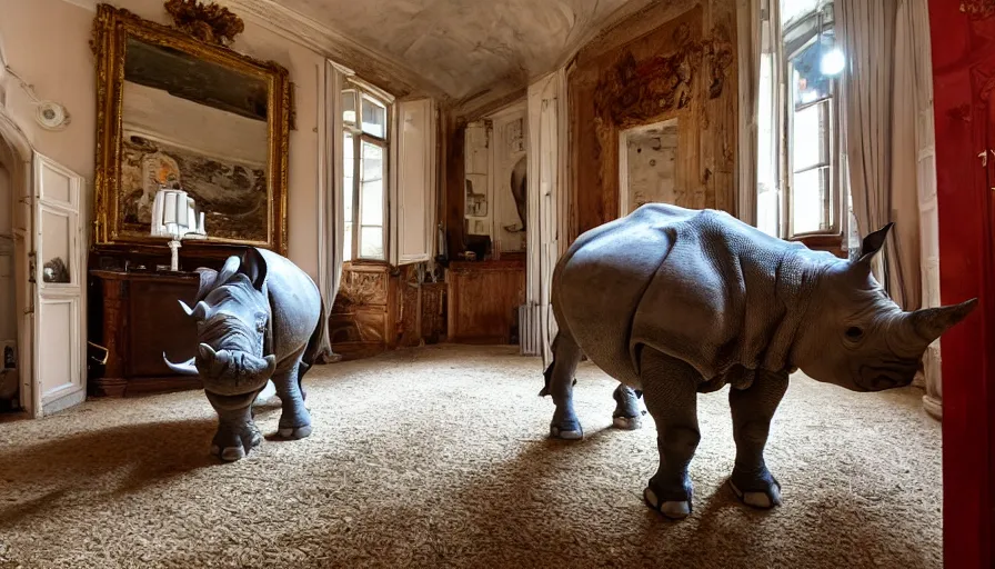 Prompt: a rhinoceros in a french townhouse interior, by mini dv camera, very very low quality, heavy grain, very blurry, accidental flash, caught on trail cam