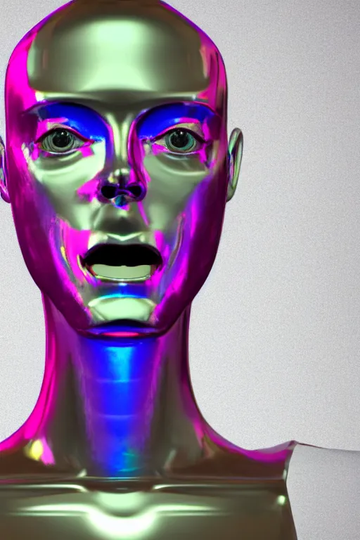 Image similar to 3d render of holographic angry human robotic screaming angry bust made of glossy iridescent, screaming, bust, surrealistic 3d illustration of a human non-binary, non binary model, 3d model human, cryengine, made of holographic texture, holographic material, holographic rainbow, concept of cyborg and artificial intelligence