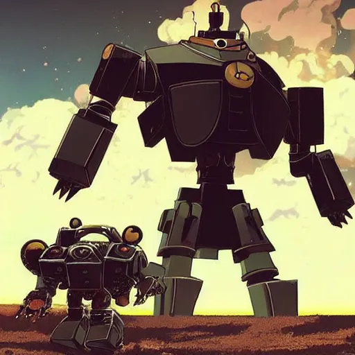 Image similar to a giant steampunk robot shooting at another giant steampunk robot, epic, intense, particles, studio ghibli, anime,