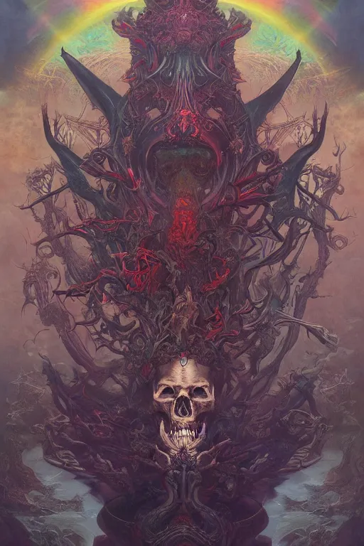 Image similar to gigantic psychedelic demonic skull lord of death and fire, fantasy painting, ultra realistic, wide angle, art nouveau, intricate details, rainbowshift, vivid colors, highly detailed by peter mohrbacher, h. r. giger, maxfield parrish, gustave dore, craig mullins, octane render, cgi