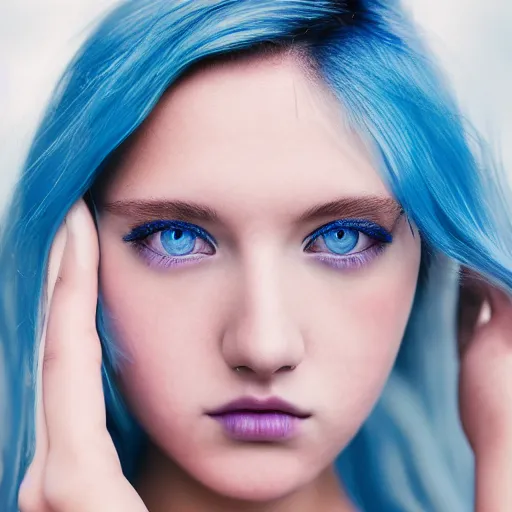 Prompt: teenage girl, blue iris eyes, gradient blue hair, high quality photos, translucent, modelsociety, white radiant skin, rtx on, perfect face, intricate, sony a 7 r iv, symmetric balance, photolab, photography award