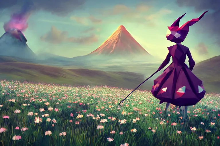 Prompt: lowpoly ps 1 playstation 1 9 9 9 running anthropomorphic lurantis maid wearing witch hat standing in a field of daisies, mount doom in the distance digital illustration by ruan jia on artstation