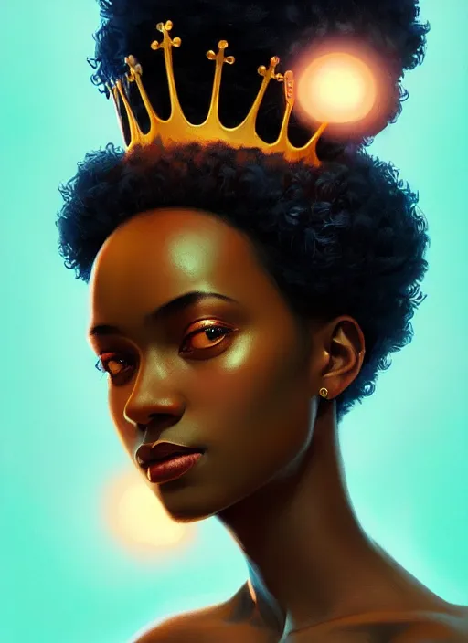 Image similar to portrait of young black woman with glowing crown, afro - futurist style, intricate, elegant, glowing lights, highly detailed, digital painting, artstation, concept art, smooth, sharp focus, illustration, art by wlop, mars ravelo and greg rutkowski