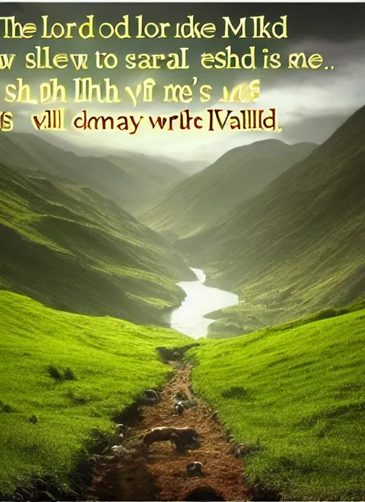 Image similar to The Lord is my shepherd; I shall not want. He maketh me to lie down in green pastures: he leadeth me beside the still waters. He restoreth my soul: he leadeth me in the paths of righteousness for his name's sake. Yea, though I walk through the valley of the shadow of death, I will fear no evil: for thou art with me; thy rod and thy staff they comfort me. Thou preparest a table before me in the presence of mine enemies: thou anointest my head with oil; my cup runneth over. Surely goodness and mercy shall follow me all the days of my life: and I will dwell in the house of the Lord for ever. edge to edge, 8k