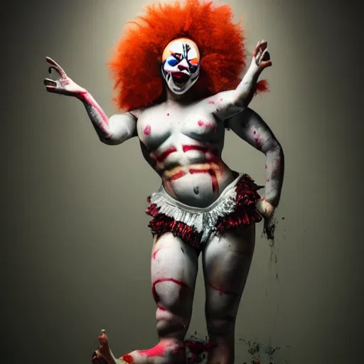 Prompt: full body pose, hyperrealistic mixed media painting of a seductive clown, dim volumetric lighting, 8 k, octane beautifully detailed render, extremely hyper detailed, intricate, epic composition, cinematic lighting, masterpiece, trending on artstation, very very detailed, masterpiece, stunning, hdr, smooth, sharp focus, high resolution, award, winning photo, dslr, 5 0 mm