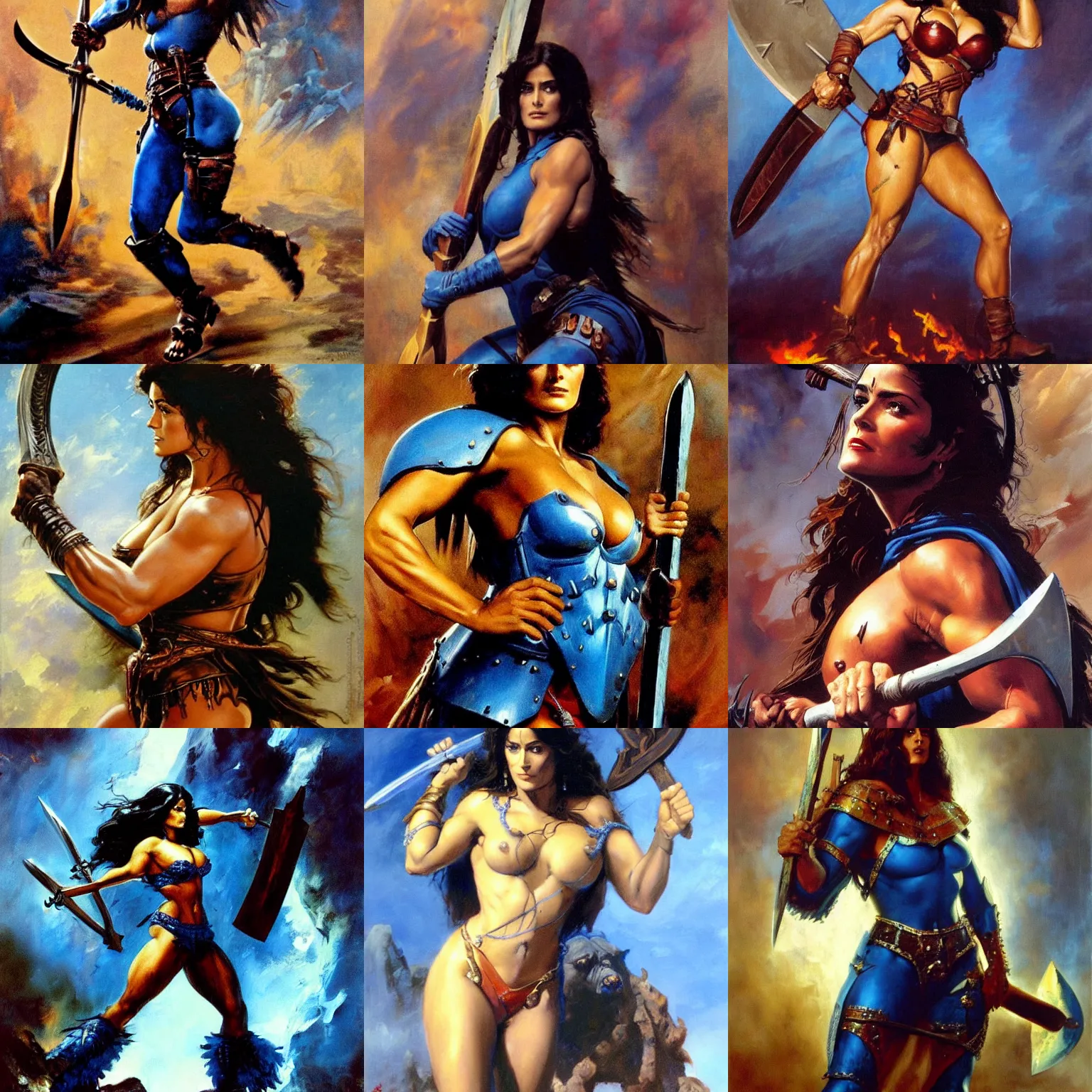 Prompt: a frank frazetta oil painting of a beautiful muscular salma hayek wearing blue armor holding a large battle axe, dynamic shot, hd 4 k, intricate, highly detailed, atmospheric, sharp