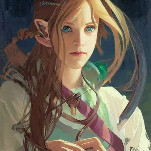 Image similar to Stunning portrait of a young slightly feminin Link from the Legend of the Zelda. Art by Greg Rutkowski and Alphonse Mucha