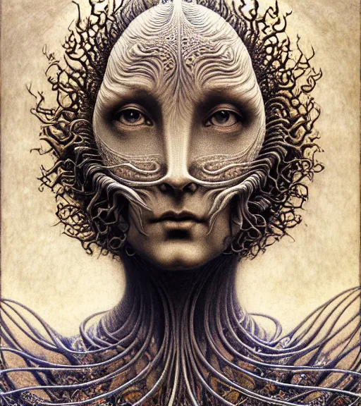 Image similar to detailed realistic beautiful moon god face portrait by jean delville, gustave dore, iris van herpen and marco mazzoni, art forms of nature by ernst haeckel, art nouveau, symbolist, visionary, gothic, neo - gothic, pre - raphaelite, fractal lace, intricate alien botanicals, ai biodiversity, surreality, hyperdetailed ultrasharp octane render