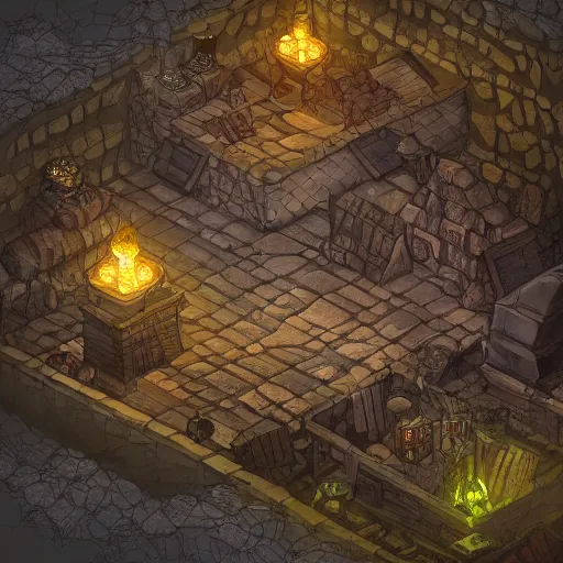 Prompt: Isometric D&D tabletop game map of tavern interior, orc themed, dark, evil looking, very realistic, cinematic lighting, CGI render, trending on artstation