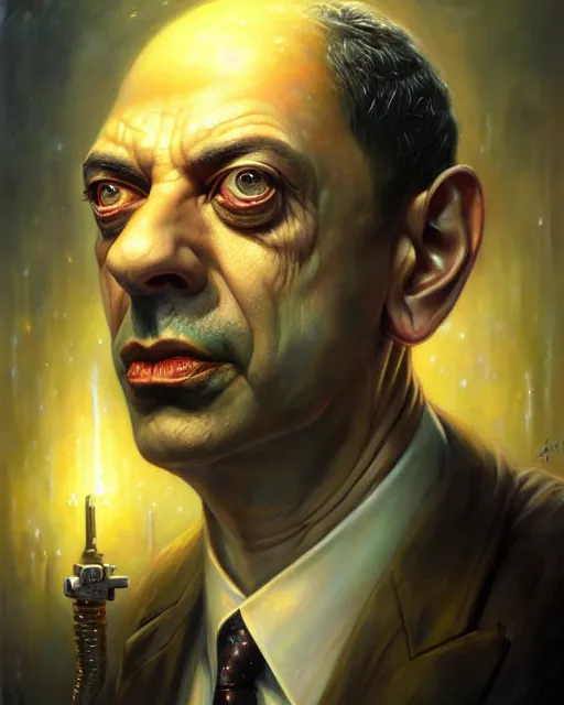 Image similar to lovecraft biopunk portrait of rowan sebastian atkinson by tomasz alen kopera and peter mohrbacher