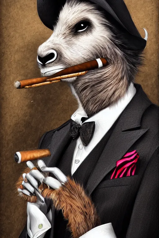 Prompt: beautiful portrait commission of a male furry anthro mountain goat wearing a pinstripe suit and waistcoat and smoking a cigar, award-winning, detailed, trending on artstation