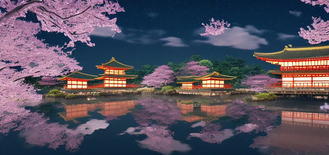 Image similar to very beautiful view of an ancient japanese city at night, large temples with glowing windows, glowing cherry blossom trees, watery lake with dappled reflections, icy mountains in the background, calm clouds, cinematic lighting, ultra detailed, sharp, ambient occlusion, raytracing, by dylan cole, sebastian meyer and jordan grimmer