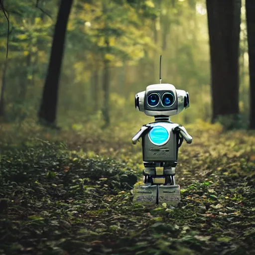 Image similar to very cute robot, portrait, pixar style, forest background, cinematic lighting, award winning creature portrait photography