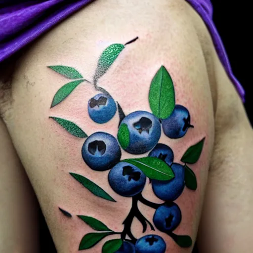 Prompt: several blueberries hanging from a branch, in modern tattoo style