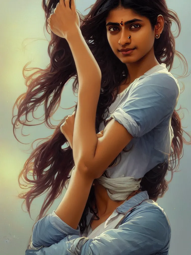 Image similar to Anxious pretty young Indian doctor wearing jeans leaving a plane, portrait, elegant, intricate, digital painting, artstation, concept art, smooth, sharp focus, illustration, art by artgerm and greg rutkowski and alphonse mucha