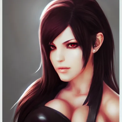 Image similar to realistic Tifa lockheart looking sultry into the camera, drawn by Ross Tran