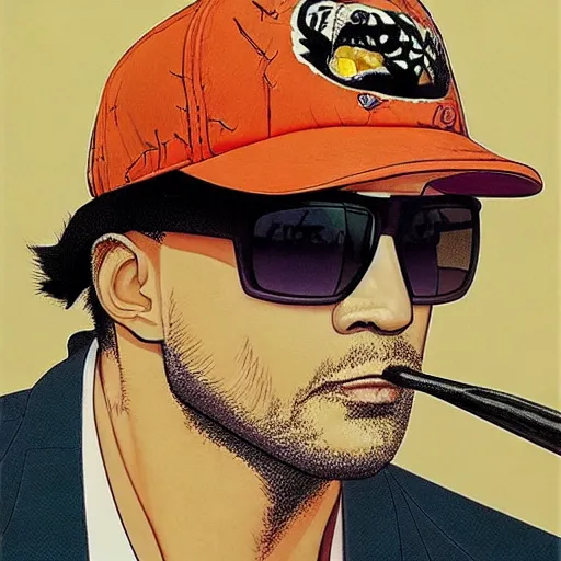 Prompt: tiger wearing baseball cap and sunglasses, super detailed, by takehiko inoue, by tatsuro kiuchi, by henri rousseau, by greg hildebrandt