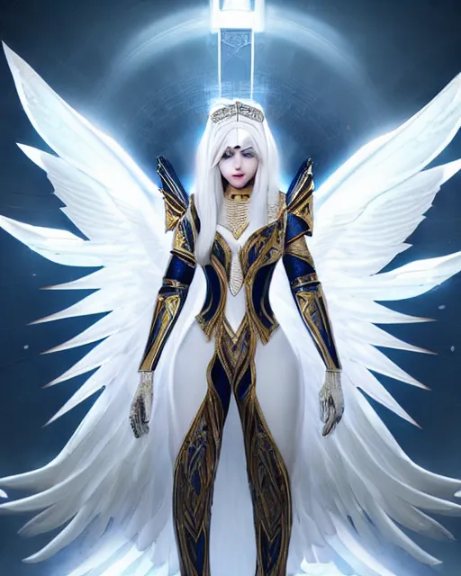 Image similar to perfect white haired attractive egyptian goddess with huge white dove wings, warframe armor, regal, ornate, beautiful, symmetric, dreamy, half asian, pretty face, blue eyes, detailed, scifi platform, laboratory, experiment, 4 k, ultra realistic, epic lighting, android body, illuminated, cinematic, masterpiece, art by akihito tsukushi, voidstar